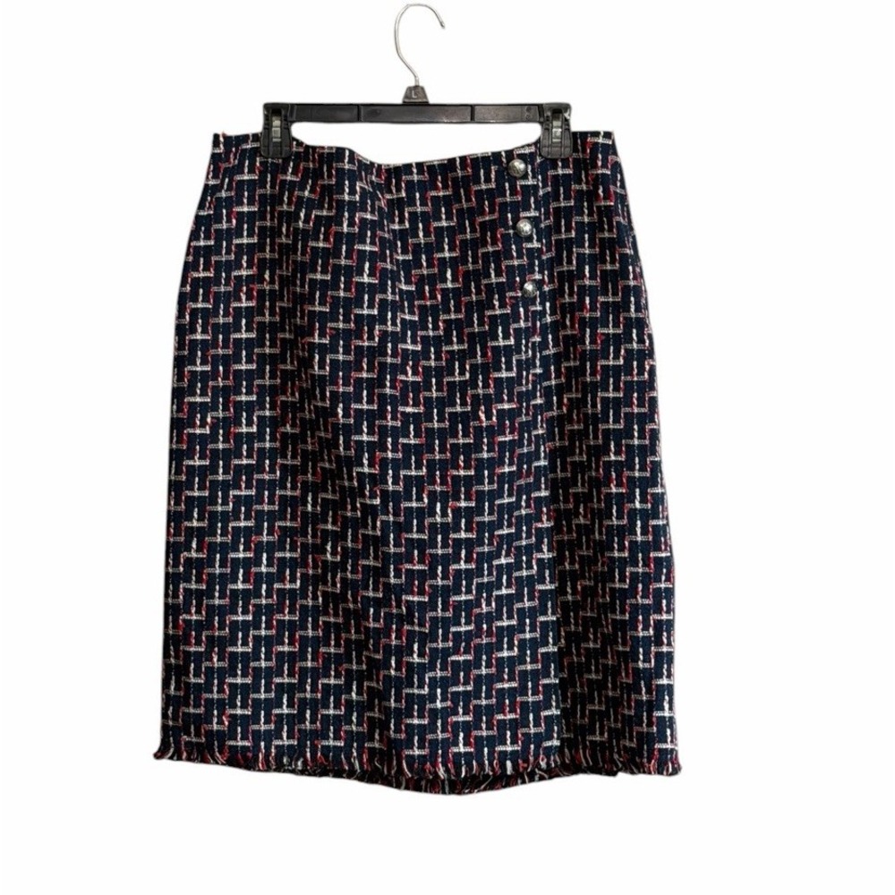 TALBOTS Sz 16 Tweed Wrap Pencil Skirt Navy Red Business Office Patriotic Casual